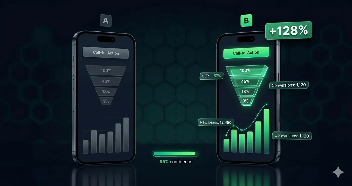 A/B test comparison chart showing control vs variant conversion rates with statistical significance
