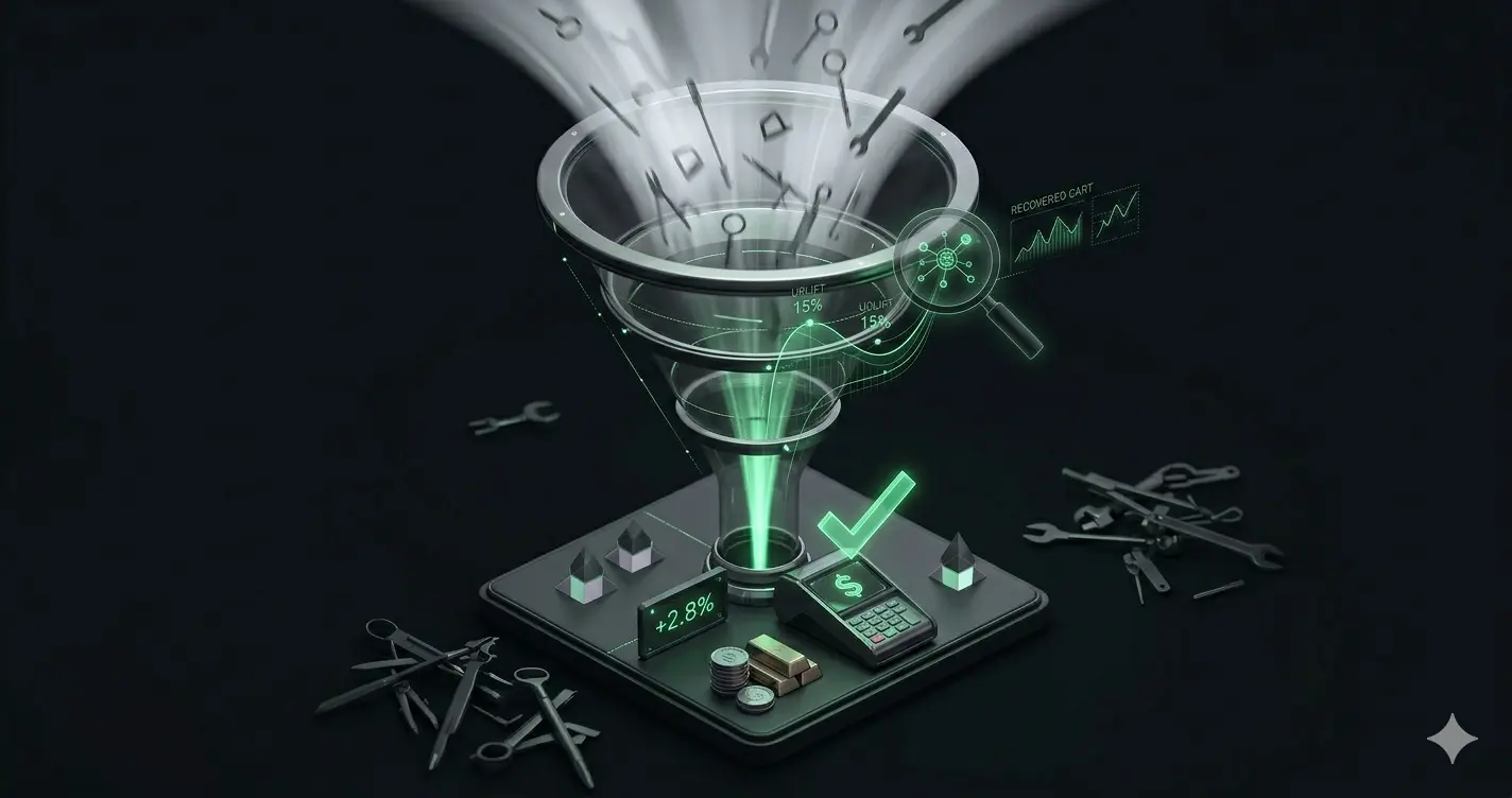 Ecommerce conversion funnel narrowing from wide traffic pool to sharp checkout point with recoverable revenue gaps highlighted