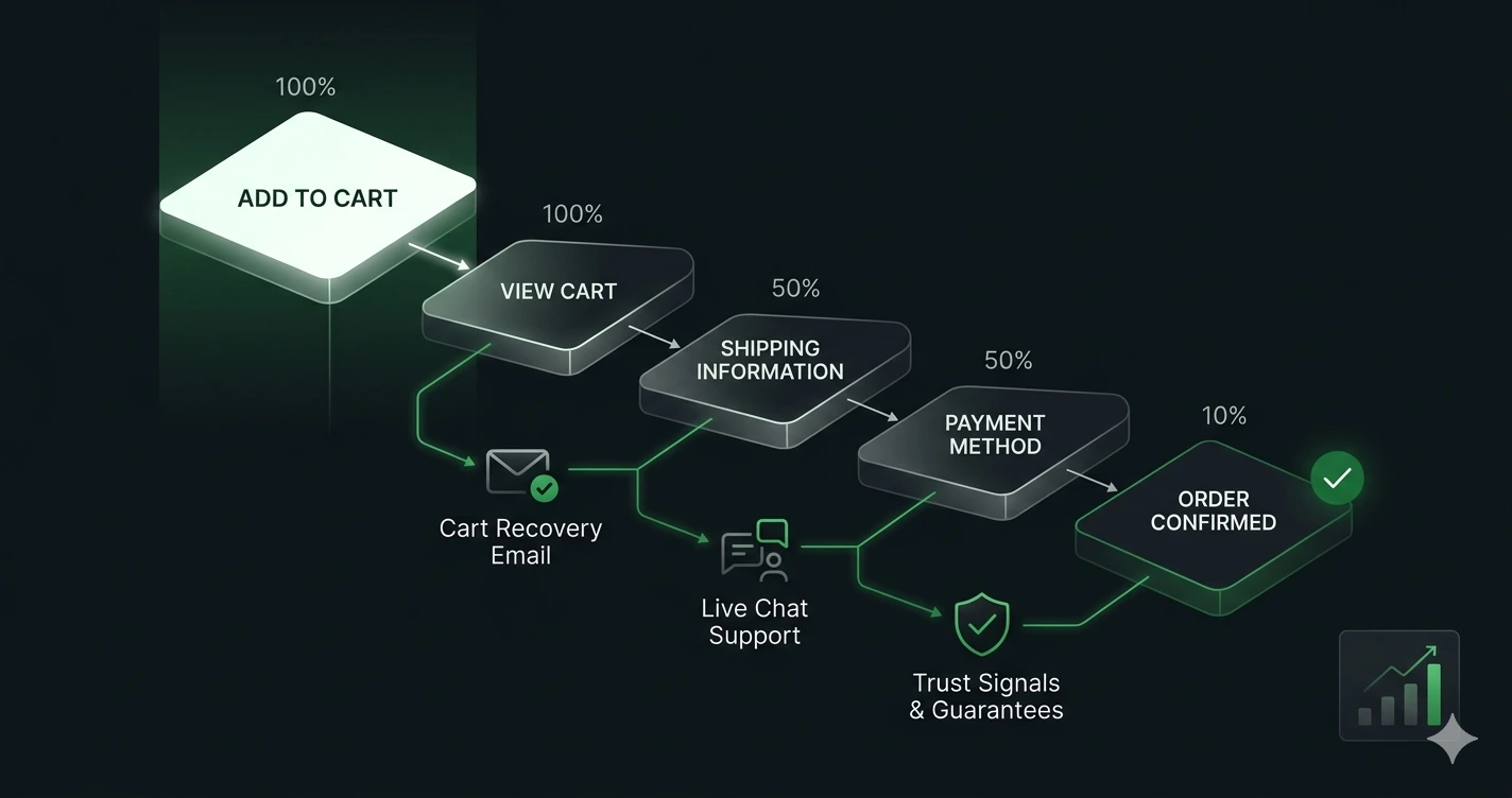 Ecommerce checkout funnel diagram showing where shoppers drop off and how to recover them