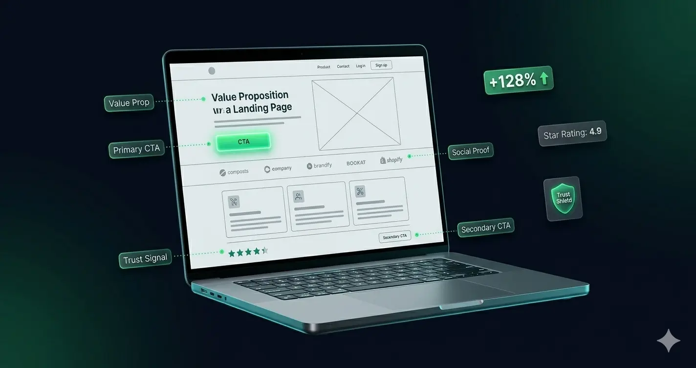 Landing page wireframe showing best practices checklist with CTA, value proposition and social proof placement